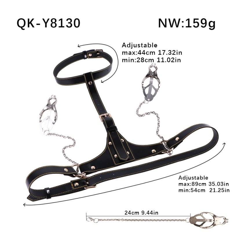 Bettie Bondage Leather Chest Harness with Nipple Clamps – Adjustable Restraint for Breeding Kink