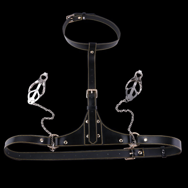 Bettie Bondage Leather Chest Harness with Nipple Clamps – Adjustable Restraint for Breeding Kink