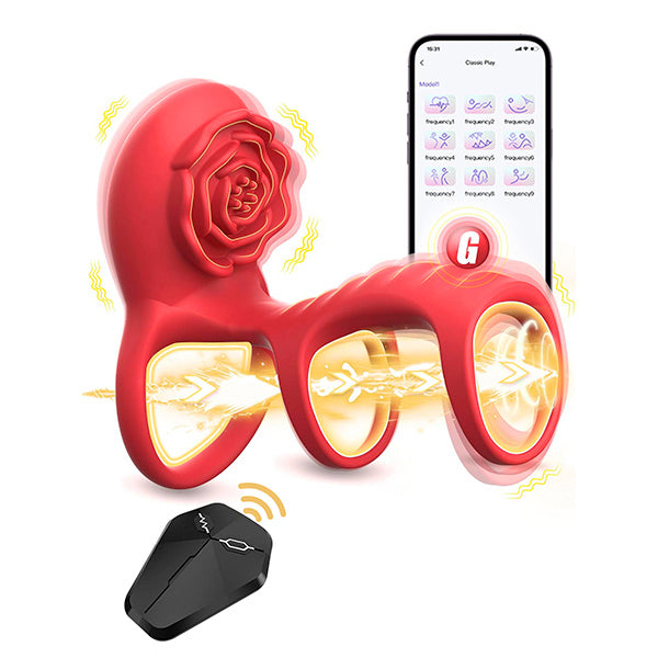 Triple Cockring Vibrating Penis Sleeve - APP Remoter Control Clit Stimulator Rose Toy