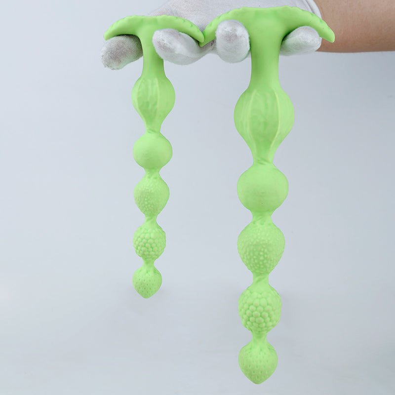 Emerald Heart Fox Tail Plug with Beads – Soft Silicone Fantasy Anal Beads with Fluffy White Tail - Tarisss Sex Toy Store