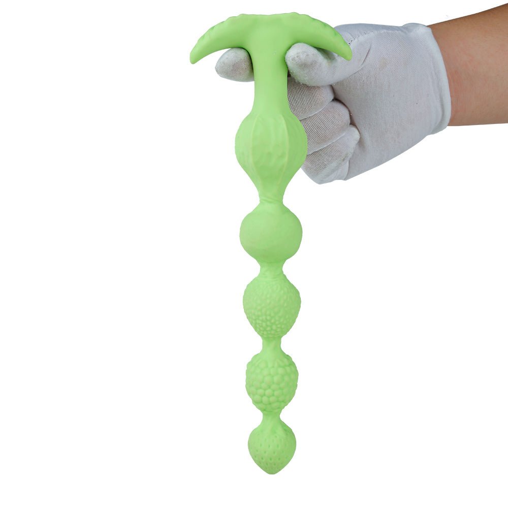 Emerald Heart Fox Tail Plug with Beads – Soft Silicone Fantasy Anal Beads with Fluffy White Tail - Tarisss Sex Toy Store