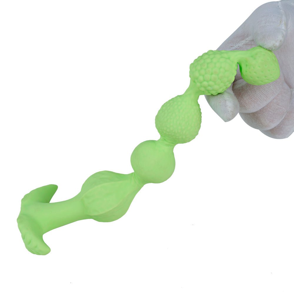 Emerald Heart Fox Tail Plug with Beads – Soft Silicone Fantasy Anal Beads with Fluffy White Tail - Tarisss Sex Toy Store