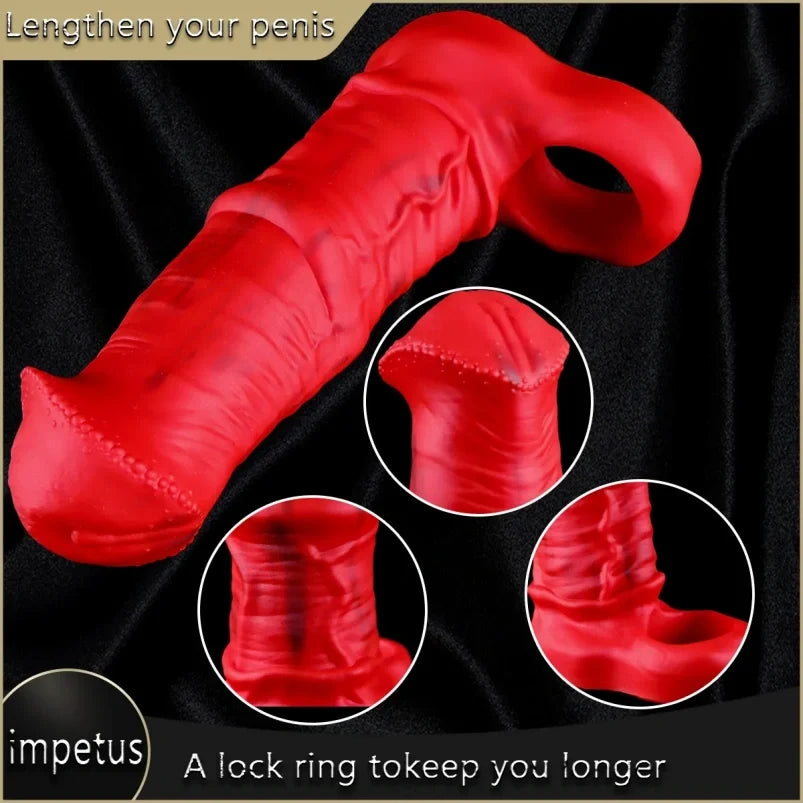 Fantasy Blood-Red Silicone Realistic Horse Cock Sleeve – Ejaculation Control Tool for Male Erectile Support
