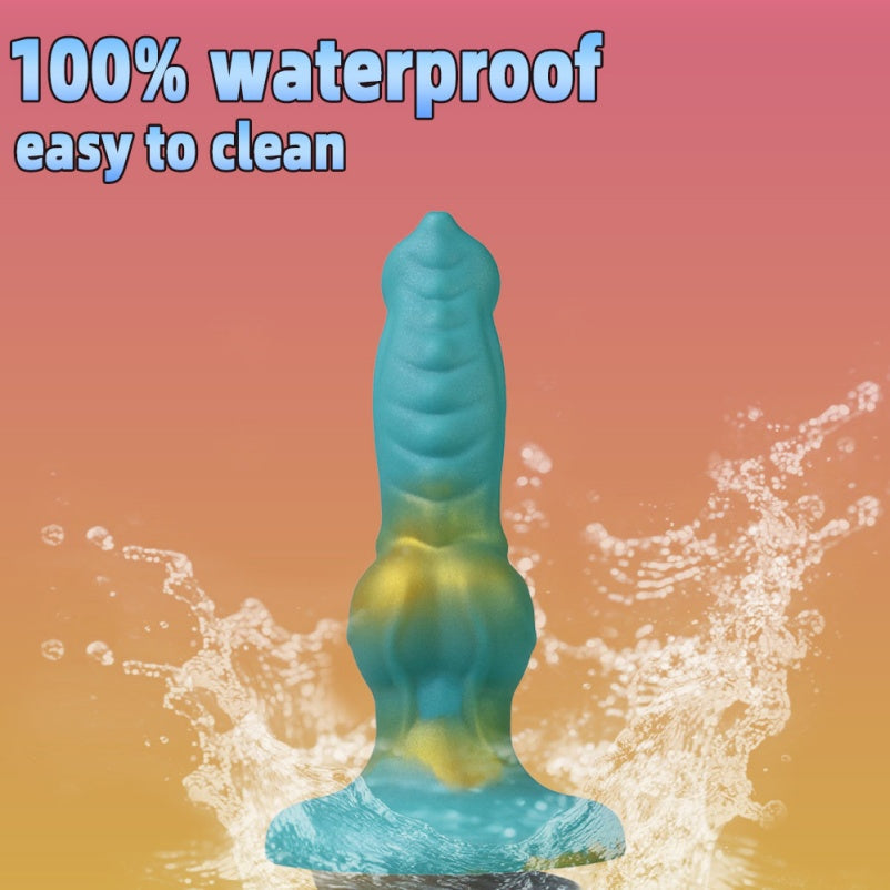 Domlust Dog Dildo with Knot | Azure & Gold Platinum Silicone Canine Fantasy Toy