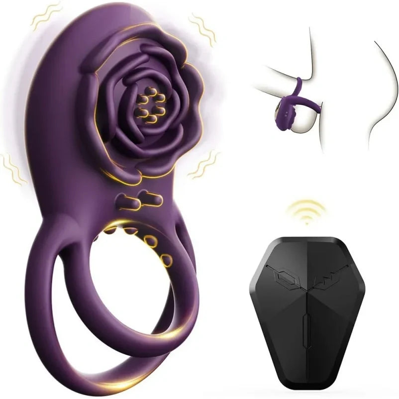 Silicone Cock Ring with Vibrating Rose Clitoral – Wireless Remote-Controlled Masturbation Sex Toys for Couples