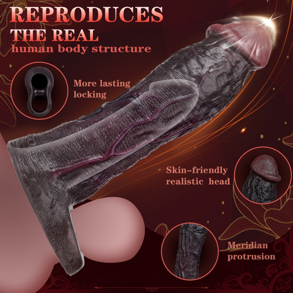 Realistic 7.48" Black Silicone Penis Extender Sleeve - Girth Enhancing Sex Toys for Men