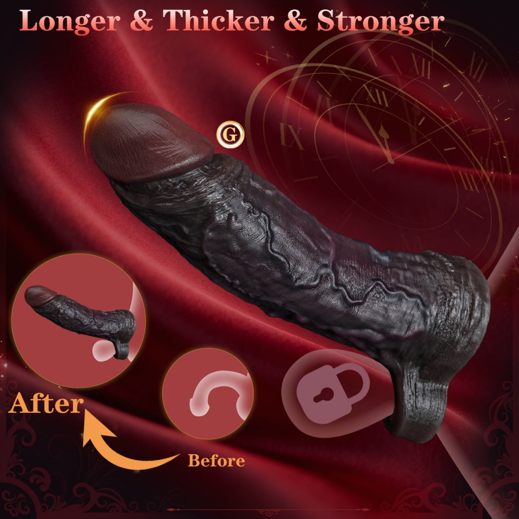 Realistic 7.48" Black Silicone Penis Extender Sleeve - Girth Enhancing Sex Toys for Men