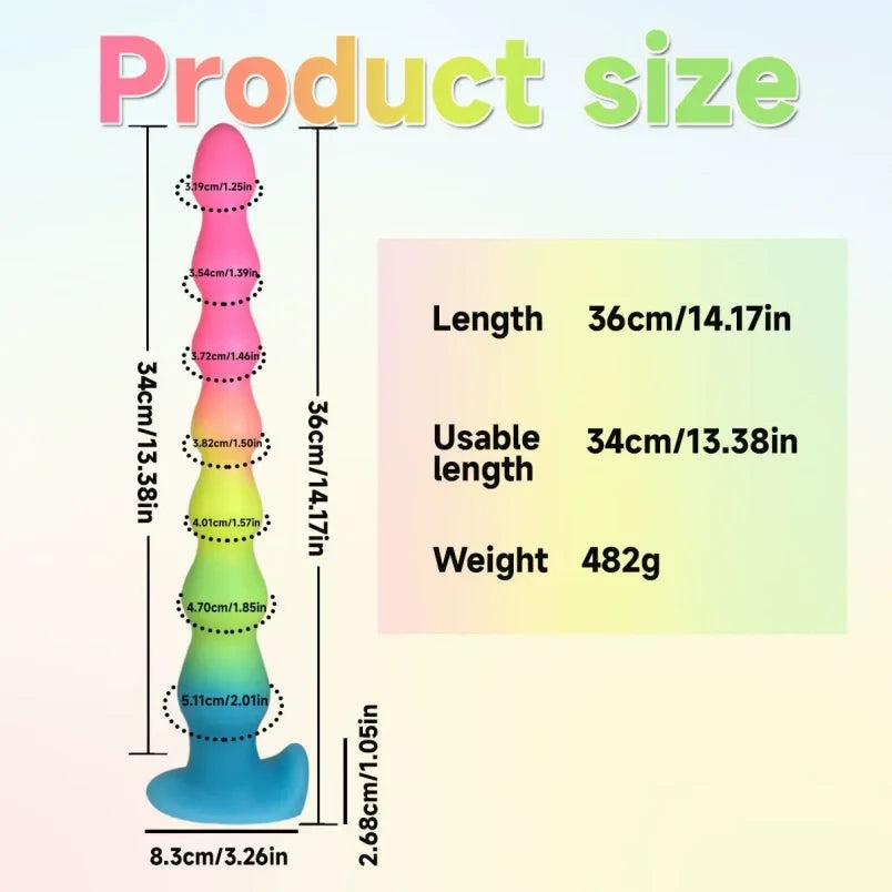 Rainbow Silicone Anal Beads Butt Plug - 14 inch Gradual Thin Dildo Vaginal Women Masturbation