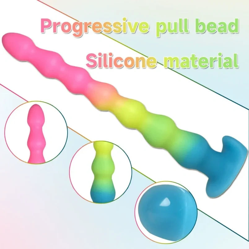 Rainbow Silicone Anal Beads Butt Plug - 14 inch Gradual Thin Dildo Vaginal Women Masturbation