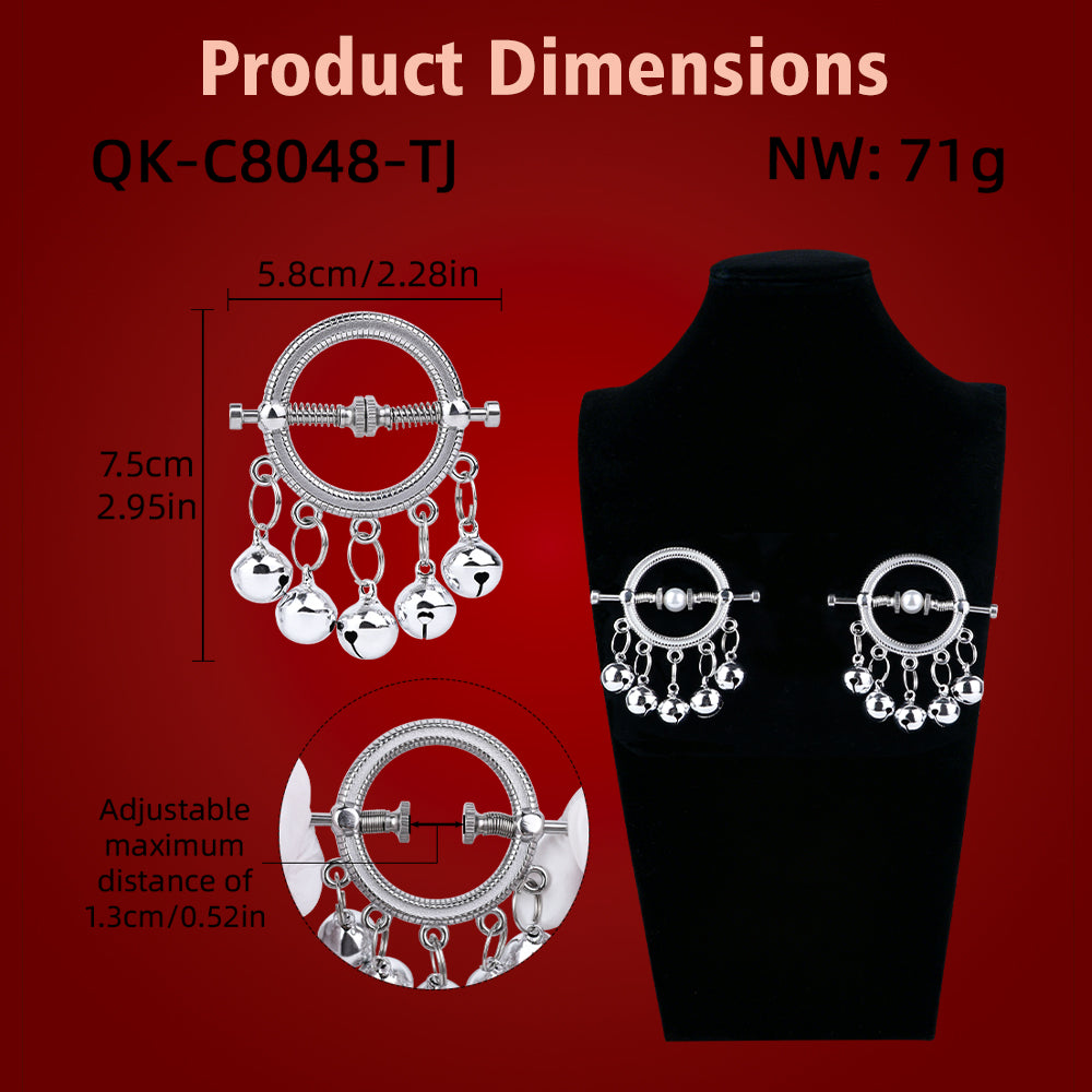Bell-Drop Ring Nipple Clamps with Hanging Bells — Adjustable Spring Clamp for Sensory BDSM Play