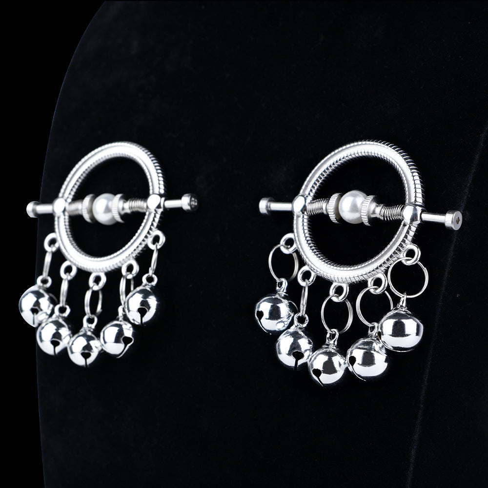 Bell-Drop Ring Nipple Clamps with Hanging Bells — Adjustable Spring Clamp for Sensory BDSM Play