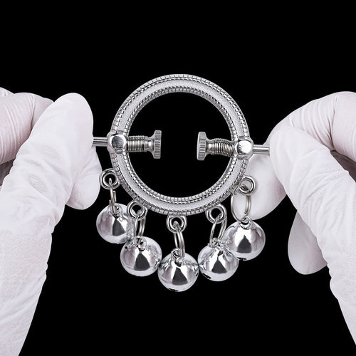 Bell-Drop Ring Nipple Clamps with Hanging Bells — Adjustable Spring Clamp for Sensory BDSM Play
