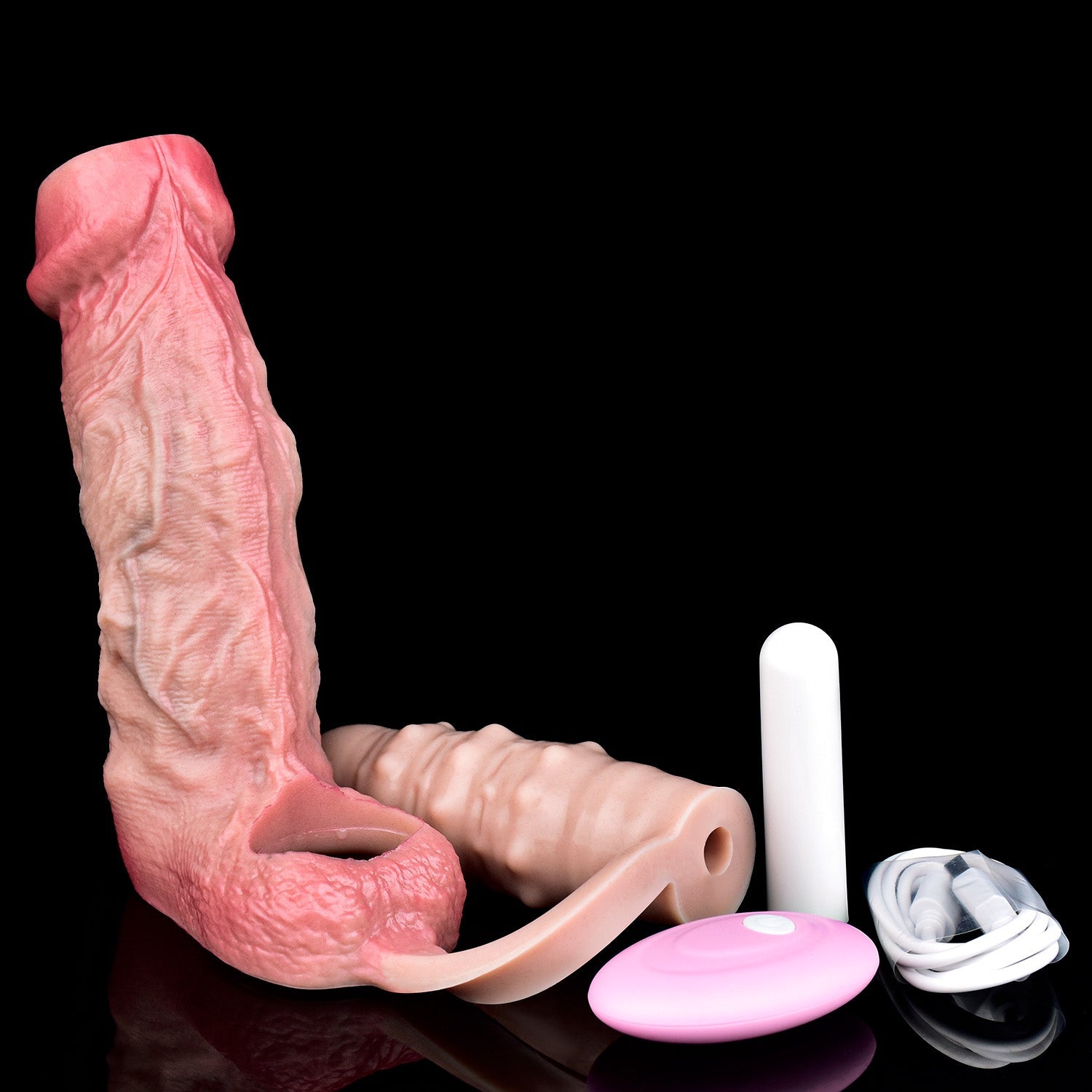 Realistic Silicone Cock Sleeve with Vibrating Butt Plug — Penis Extender & Prostate Massager Set for Men