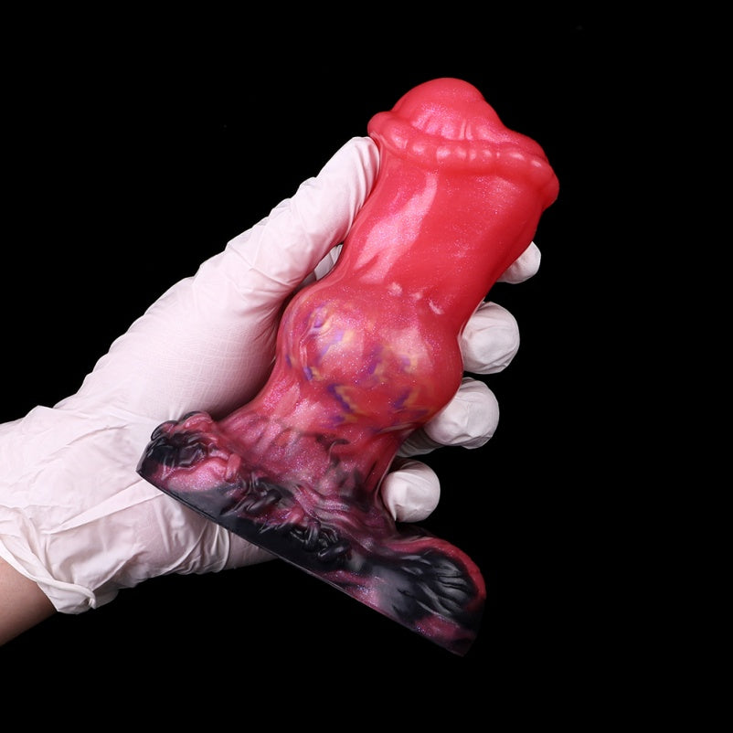 Alien-Form Horse Dildo Butt Plug — Blood-Red Silicone Segmented Anal Gape & Expansion Fantasy Toy