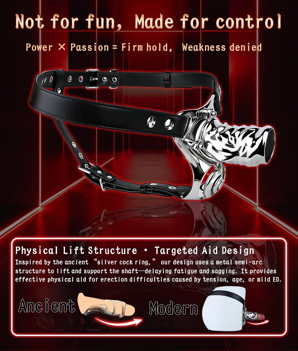 Stainless Steel Adjustable Chastity Harness with Interchangeable Ring Sizes & Secure Leather Straps - Tarisss Sex Toy Store