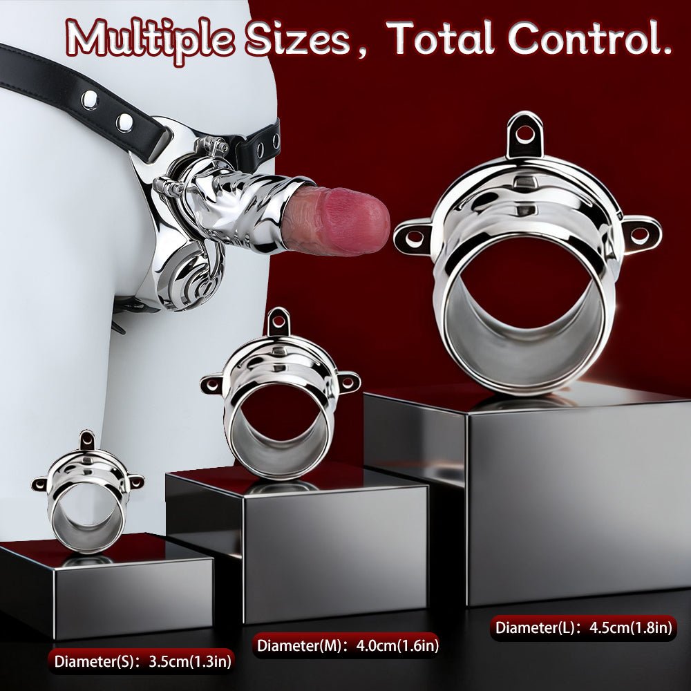 Stainless Steel Adjustable Chastity Harness with Interchangeable Ring Sizes & Secure Leather Straps - Tarisss Sex Toy Store