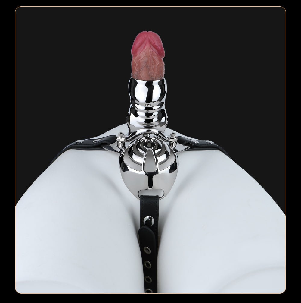 Stainless Steel Adjustable Chastity Harness with Interchangeable Ring Sizes & Secure Leather Straps - Tarisss Sex Toy Store