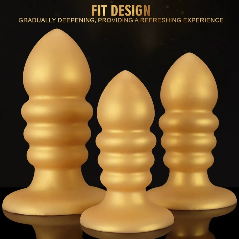 Golden Spiral Fantasy Anal Butt Plug & Fist Dildo – Silicone Expansion Toy with Suction Cup