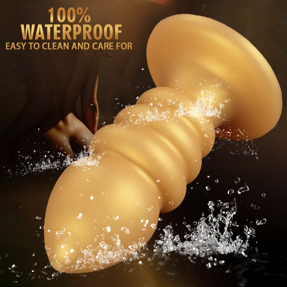 Golden Spiral Fantasy Anal Butt Plug & Fist Dildo – Silicone Expansion Toy with Suction Cup
