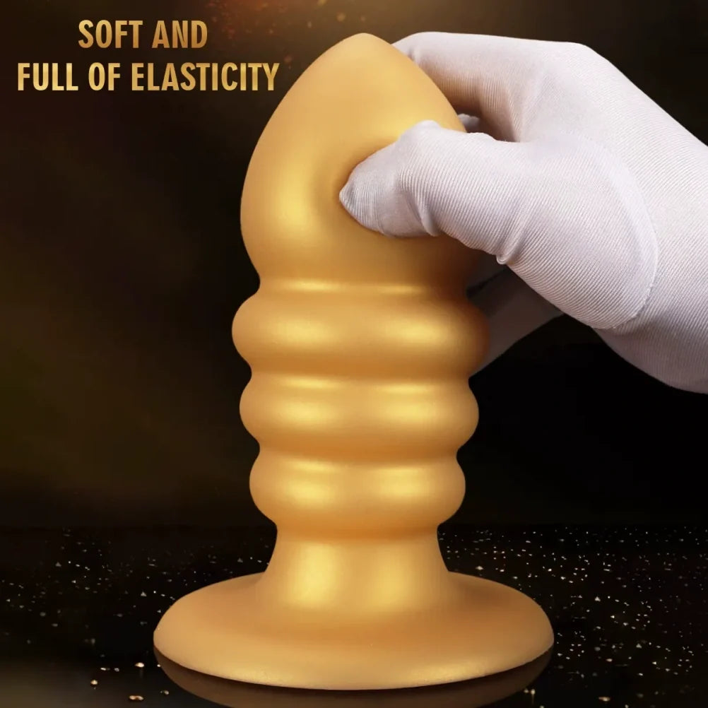 Golden Spiral Fantasy Anal Butt Plug & Fist Dildo – Silicone Expansion Toy with Suction Cup