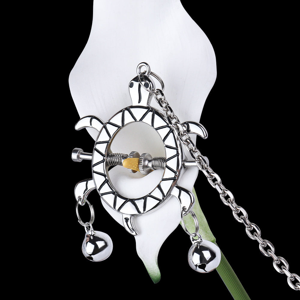 Turtle Spring Nipple Clamps with Double Bells & Chain — Adjustable Metal BDSM Clamps for Sensation Play & Intimate Gifting