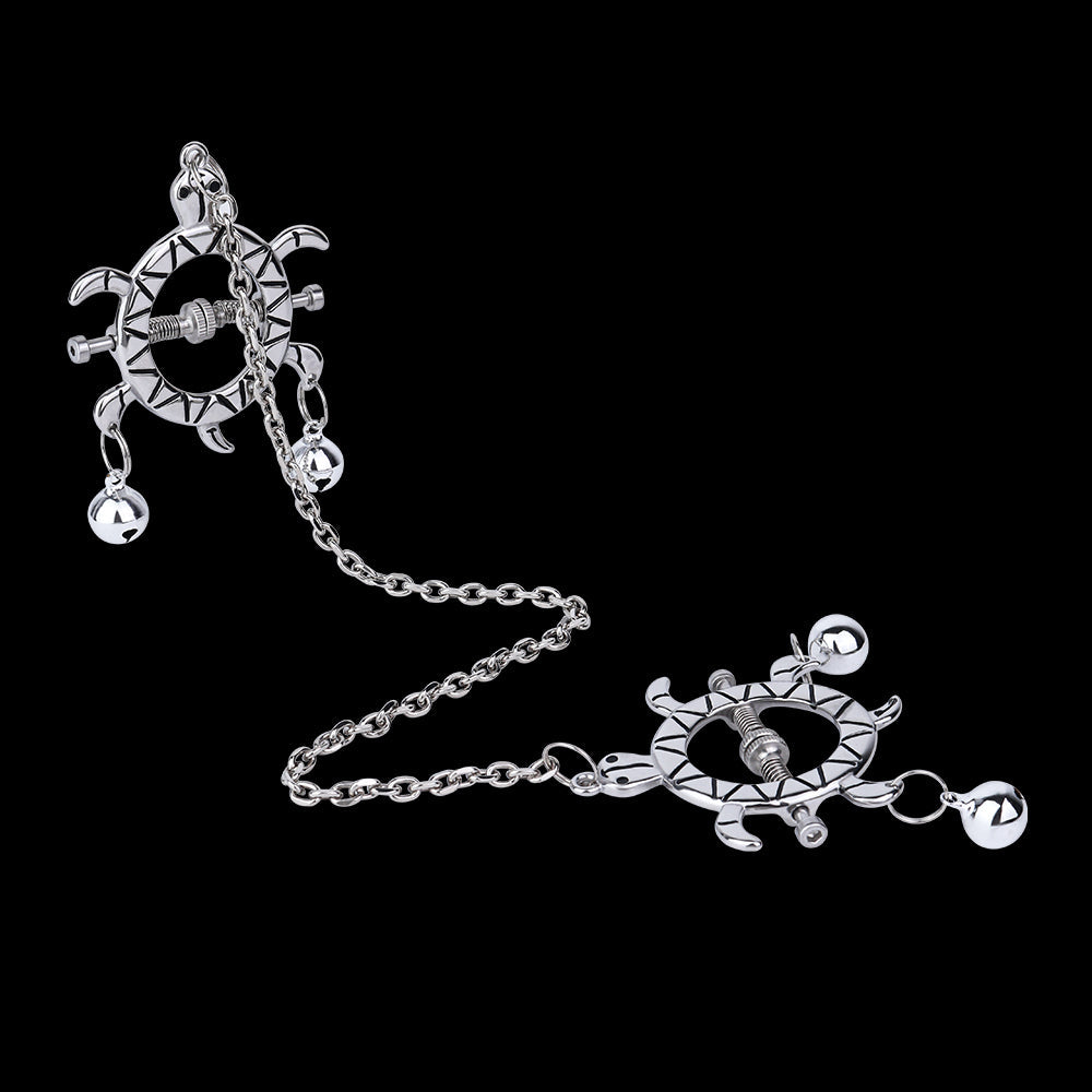 Turtle Spring Nipple Clamps with Double Bells & Chain — Adjustable Metal BDSM Clamps for Sensation Play & Intimate Gifting