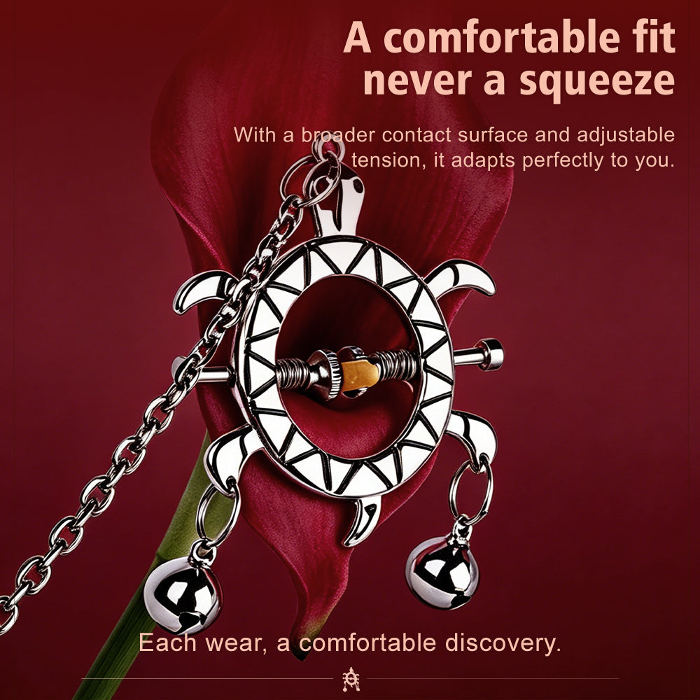 Turtle Spring Nipple Clamps with Double Bells & Chain — Adjustable Metal BDSM Clamps for Sensation Play & Intimate Gifting