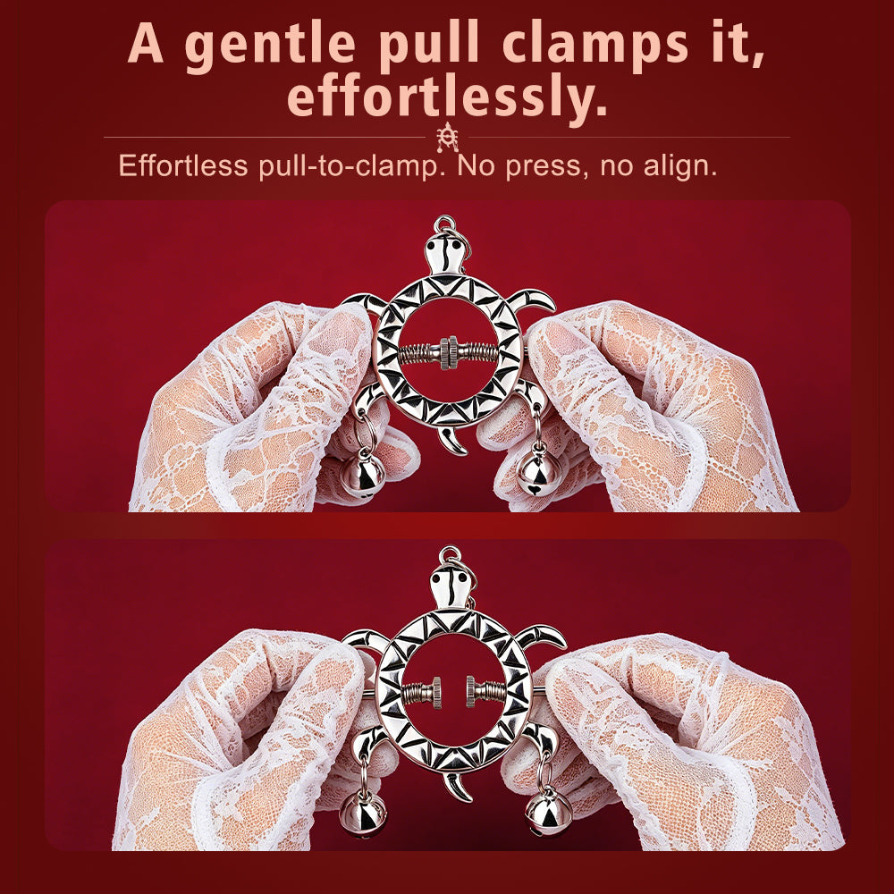 Turtle Spring Nipple Clamps with Double Bells & Chain — Adjustable Metal BDSM Clamps for Sensation Play & Intimate Gifting