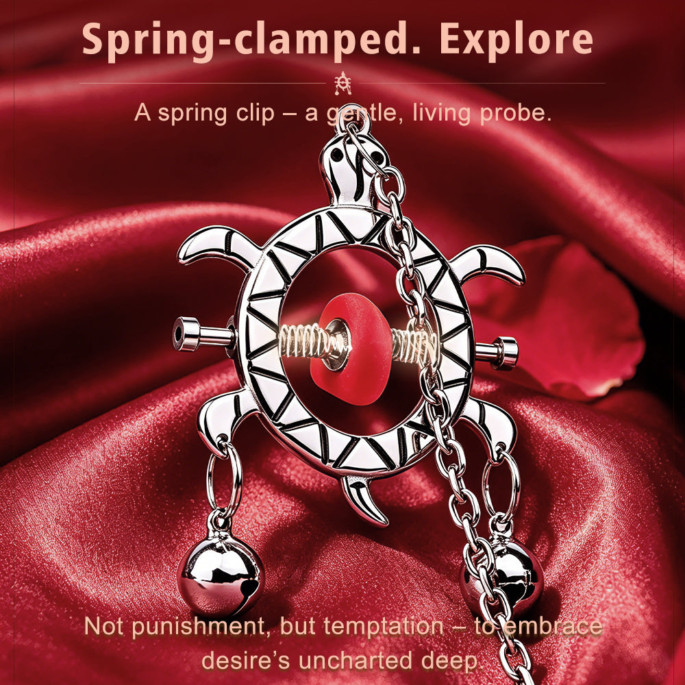 Turtle Spring Nipple Clamps with Double Bells & Chain — Adjustable Metal BDSM Clamps for Sensation Play & Intimate Gifting