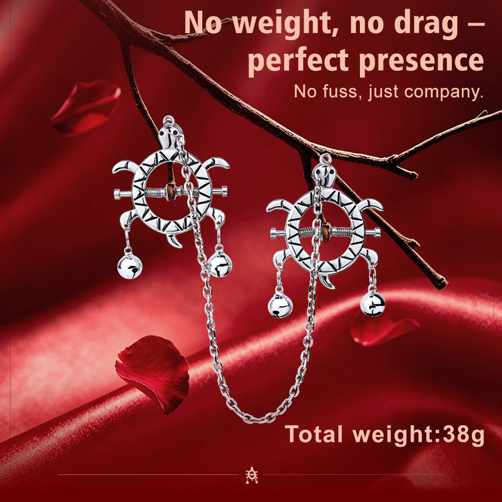 Turtle Spring Nipple Clamps with Double Bells & Chain — Adjustable Metal BDSM Clamps for Sensation Play & Intimate Gifting