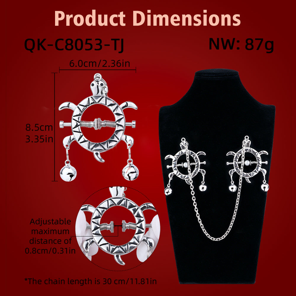 Turtle Spring Nipple Clamps with Double Bells & Chain — Adjustable Metal BDSM Clamps for Sensation Play & Intimate Gifting