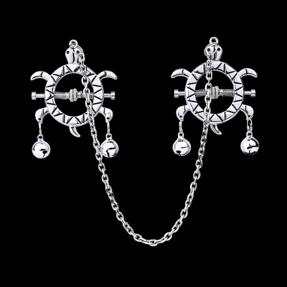 Turtle Spring Nipple Clamps with Double Bells & Chain — Adjustable Metal BDSM Clamps for Sensation Play & Intimate Gifting