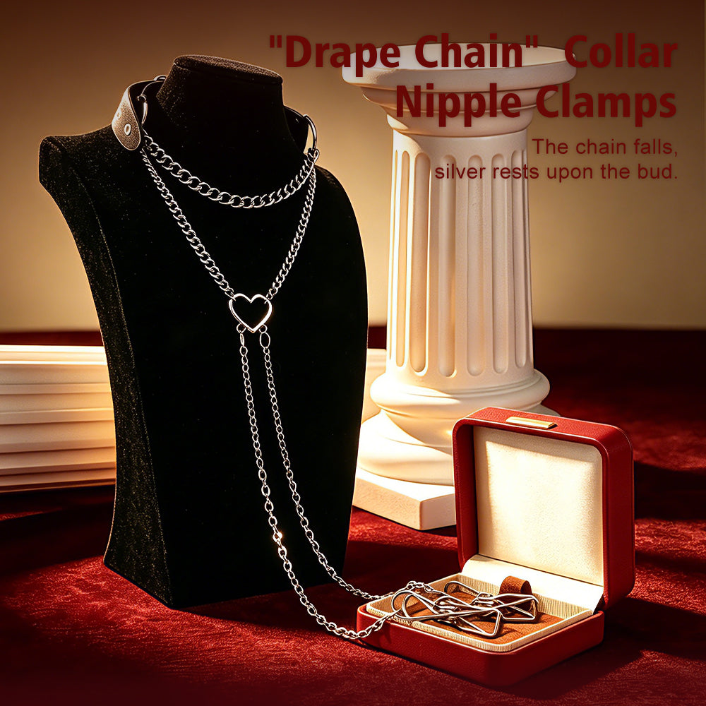 Drape Chain Leather Collar Nipple Clamps Set — BDSM Bondage Nipple Stimulator with Heart Chain