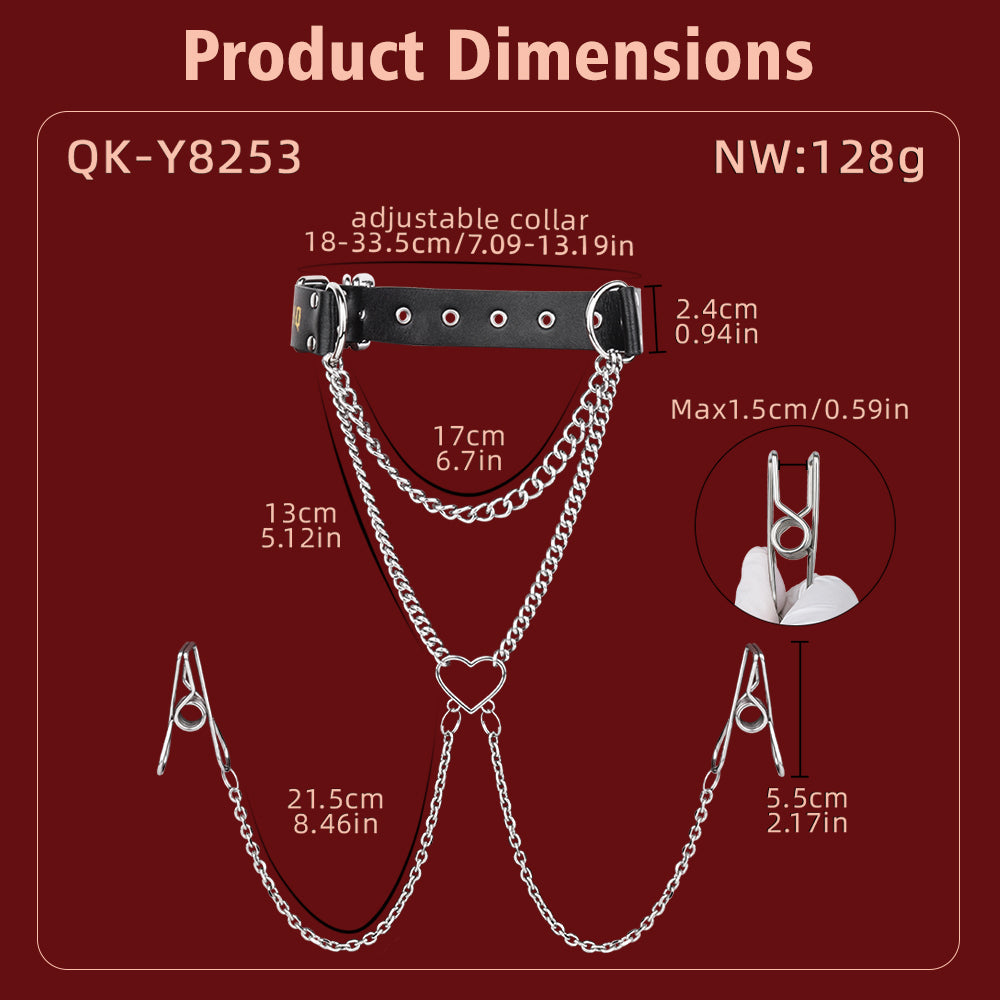 Drape Chain Leather Collar Nipple Clamps Set — BDSM Bondage Nipple Stimulator with Heart Chain