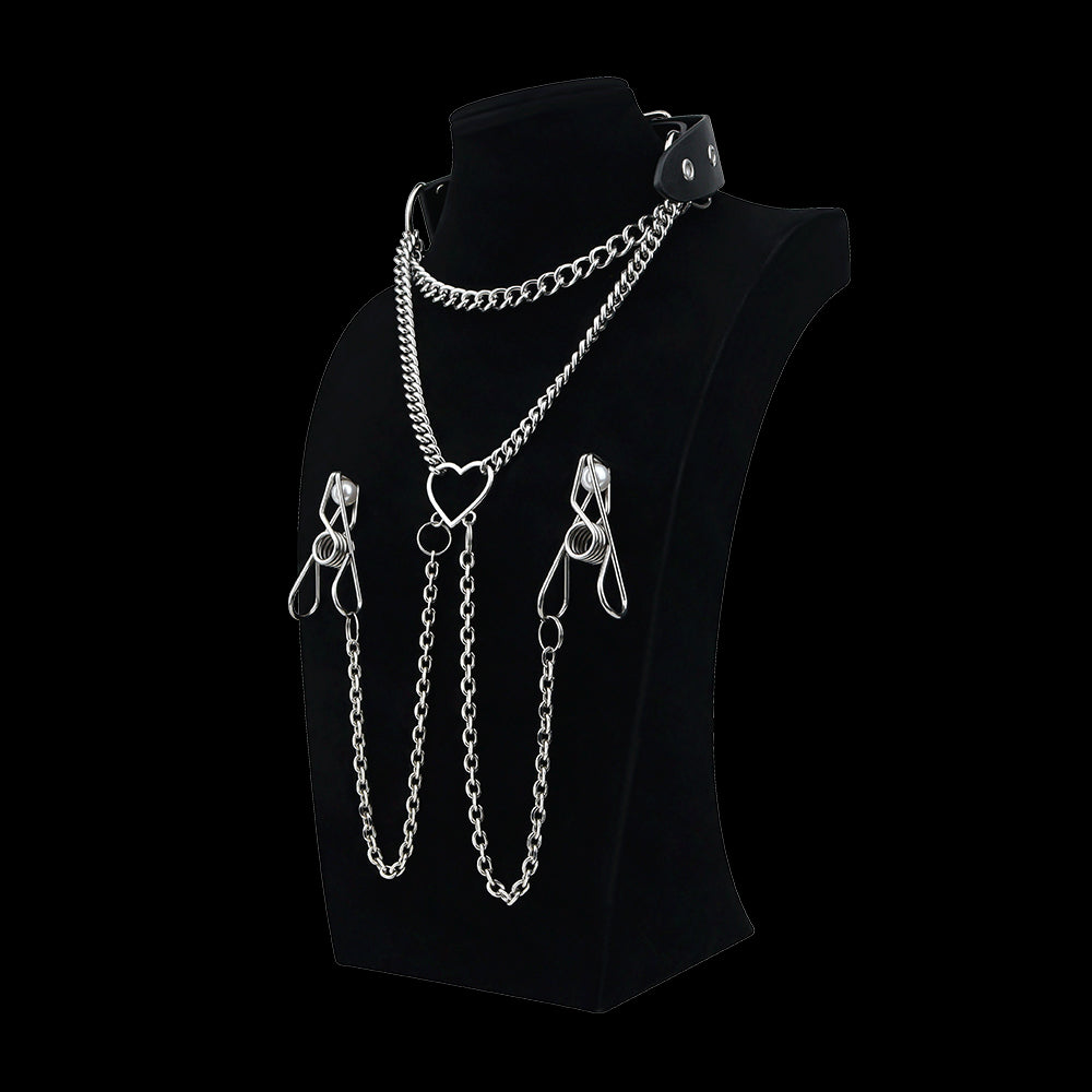 Drape Chain Leather Collar Nipple Clamps Set — BDSM Bondage Nipple Stimulator with Heart Chain