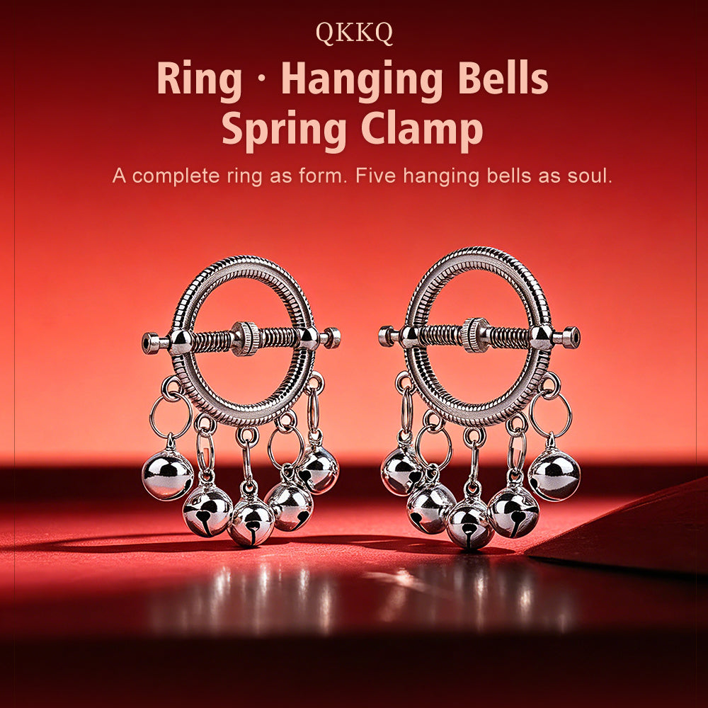 Bell-Drop Ring Nipple Clamps with Hanging Bells — Adjustable Spring Clamp for Sensory BDSM Play
