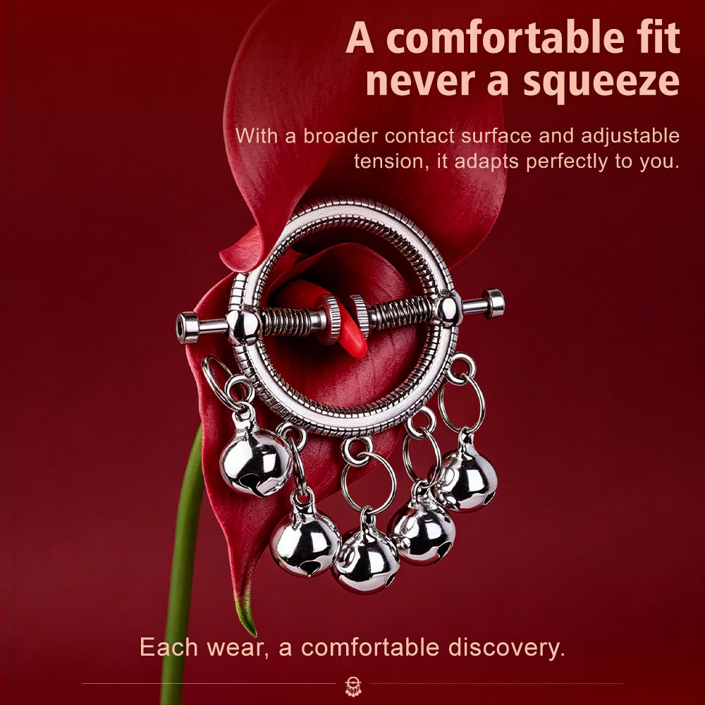 Bell-Drop Ring Nipple Clamps with Hanging Bells — Adjustable Spring Clamp for Sensory BDSM Play