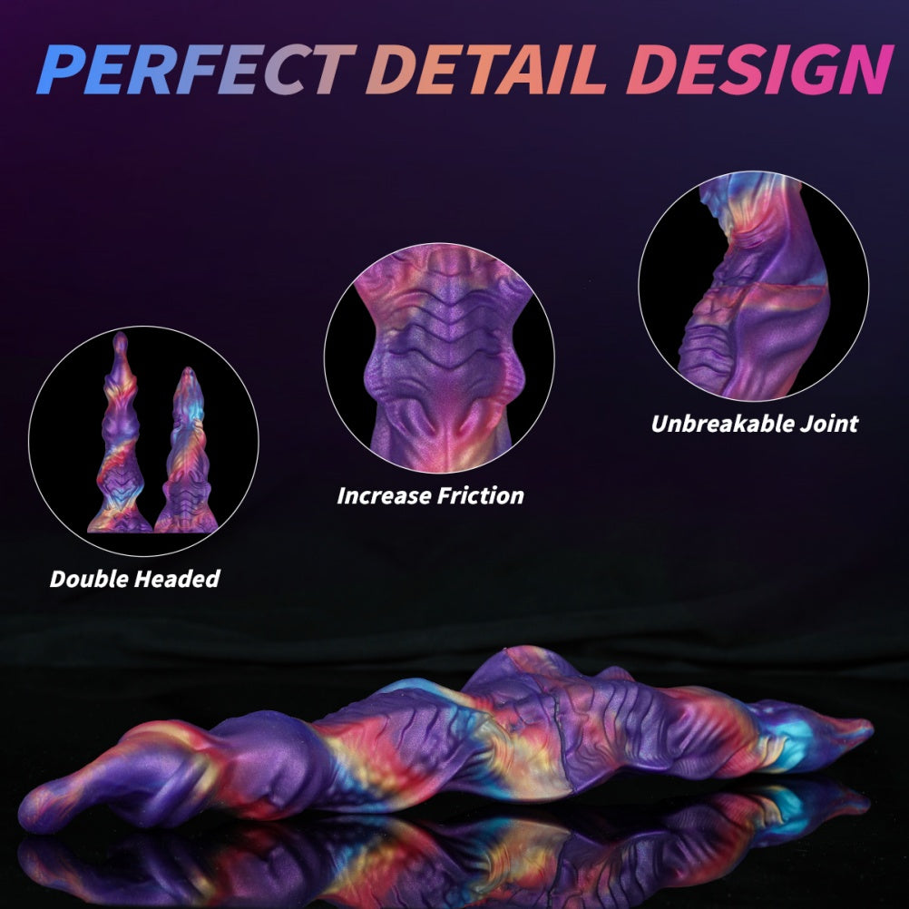 Domlust Double Ended Knotted Dildo – Platinum Silicone Iridescent Fantasy Monster Toy for Lesbian Couples & Shared Play