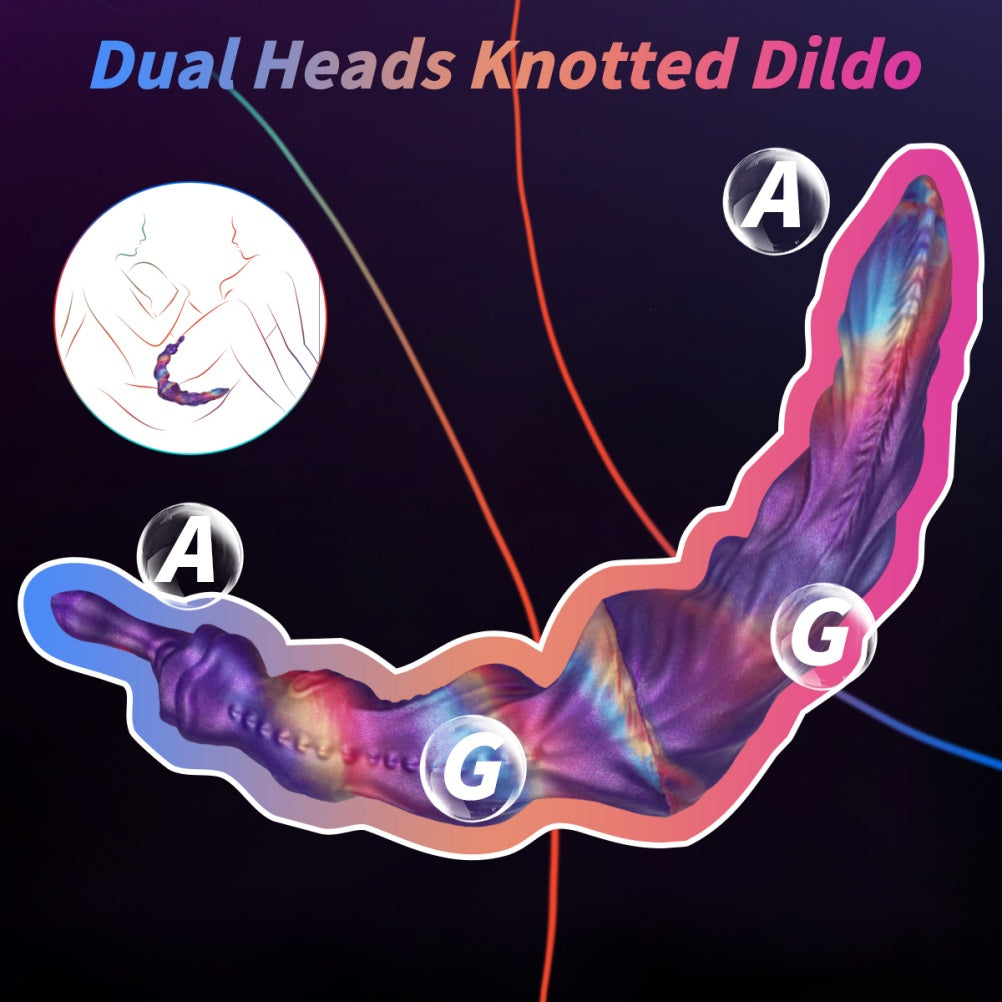 Domlust Double Ended Knotted Dildo – Platinum Silicone Iridescent Fantasy Monster Toy for Lesbian Couples & Shared Play
