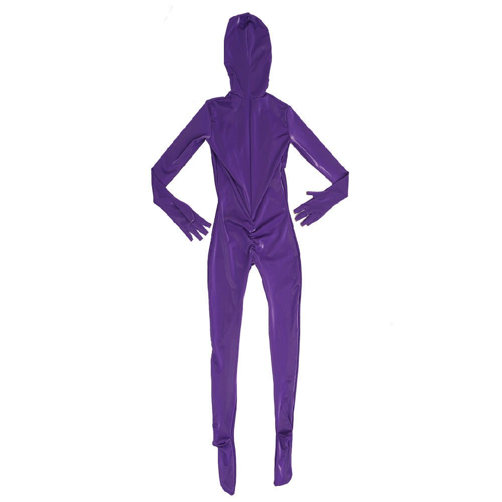 Wisteria Purple Shiny Spandex Full Body Catsuit with Hood Stretch Zentai Bodysuit - Tarisss Sex Toy Store
