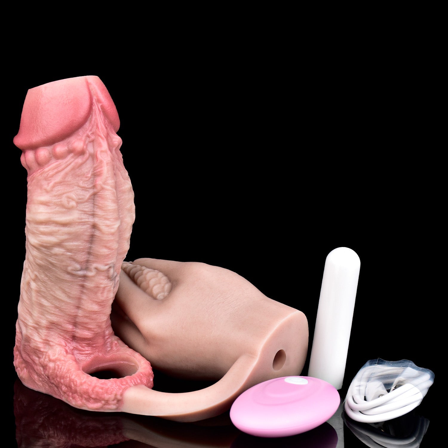 Realistic Silicone Cock Sleeve with Vibrating Butt Plug — Enlargement, Prostate Stimulation & Longer-Lasting Sex in One Integrated Set