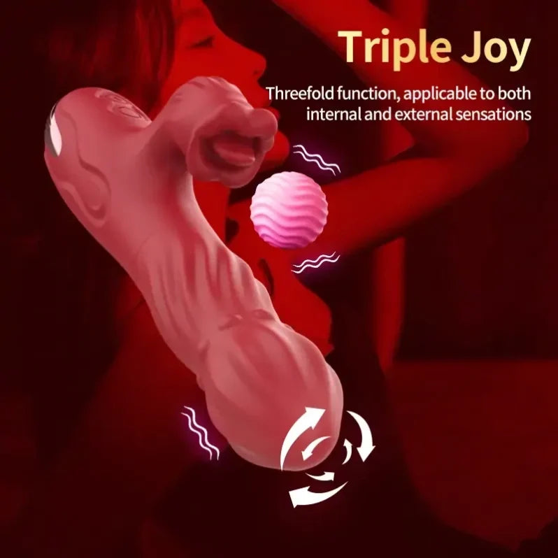 Double End Clit Tongue Lick Vibrating Dildo - 360° Rotating Rabbit Vibrator Handy Female Sex Toys