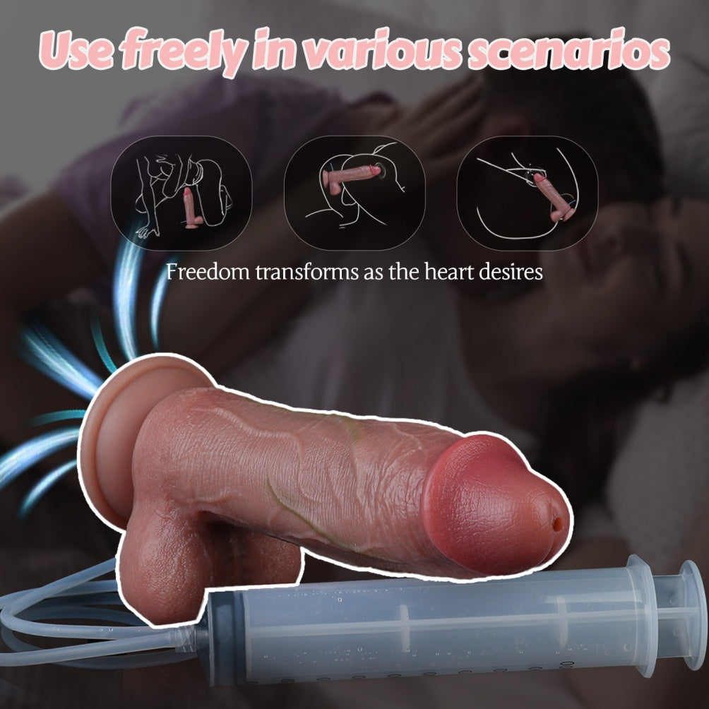 Domlust 8.5" Realistic Squirting Dildo – Sliding Foreskin Dual-Density Platinum Silicone Harness Suction Cup Sex Toy