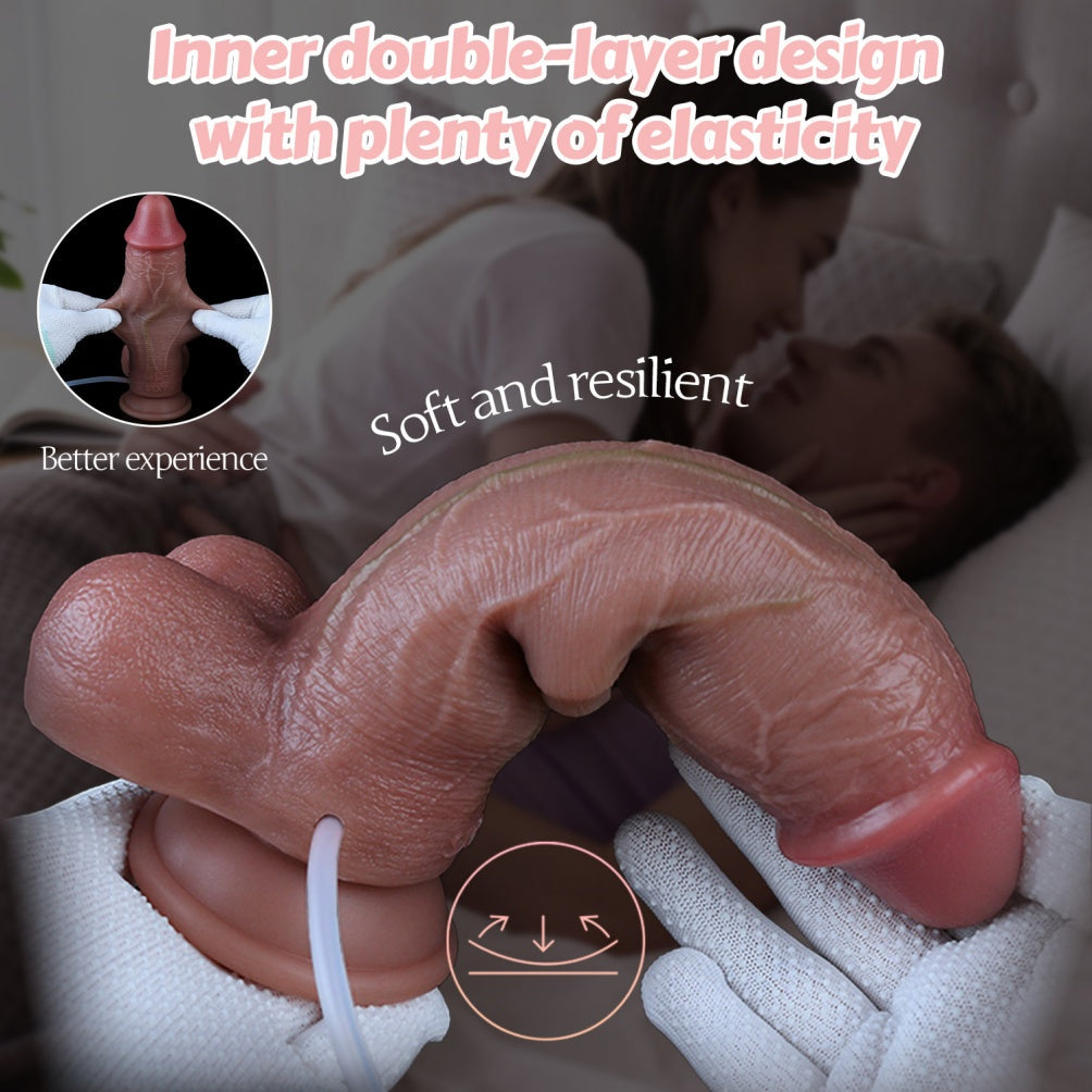 Domlust 8.5" Realistic Squirting Dildo – Sliding Foreskin Dual-Density Platinum Silicone Harness Suction Cup Sex Toy