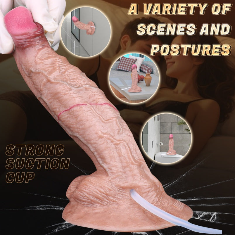 Realistic Squirting Dildo with Giant Balls — Lightskin Flesh Silicone Ejaculating Strap-On & Suction Cup Sex Toy