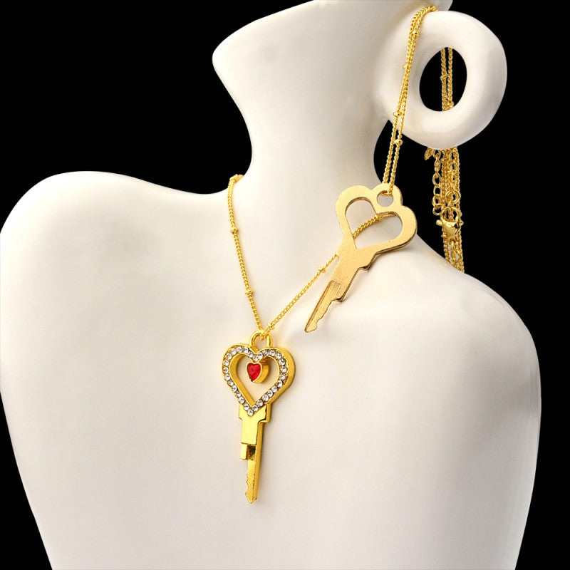 Heart-Shaped Chastity Key Pendant with Rhinestones – Wearable Lock Key Necklace