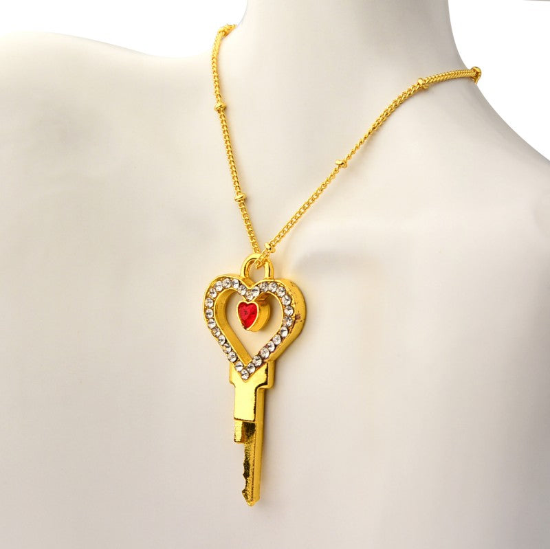Heart-Shaped Chastity Key Pendant with Rhinestones – Wearable Lock Key Necklace
